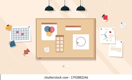 Creative work board ideas and business project, vector corkboard or cork whiteboard background. Creative work board with plan strategy and office bulletin management, brainstorm memo note stickers