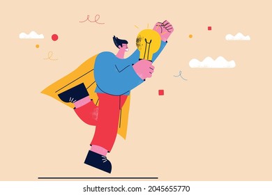 Creative work, brainstorming and ideas, innovative solutions, education and learning concept. Business superhero, leadership concept flat vector illustration design