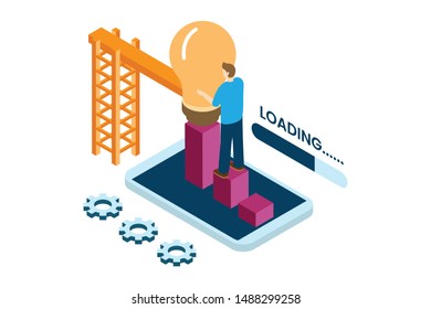 creative work by building ideas with a bulb symbol in isometric style illustration