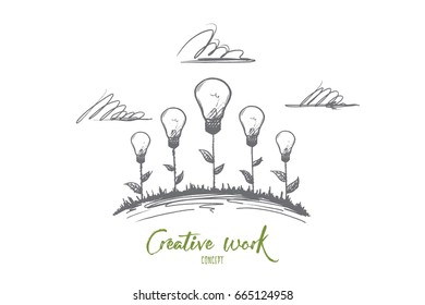 Creative work concept. Hand drawn creative illustrations of flowers. The birth of an idea. Incandescent lamp the symbol of creative idea isolated vector illustration.