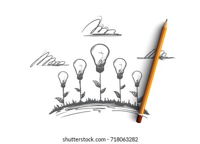 Creative work concept. Hand drawn creative illustrations of flowers. The birth of an idea. Incandescent lamp the symbol of creative idea isolated vector illustration.