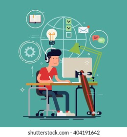 Creative work concept vector background with young adult man working on idea behind his desk listening music wearing headphones with creative process icons on background. Designer at work illustration svg