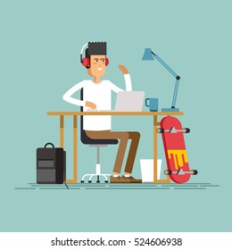 Creative work concept vector background with young adult man working on idea behind his desk listening music wearing headphones. Designer at work illustration