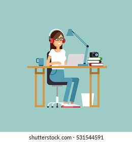 Creative work concept vector background with young adult woman working on idea behind his desk listening music wearing headphones. Designer at work illustration