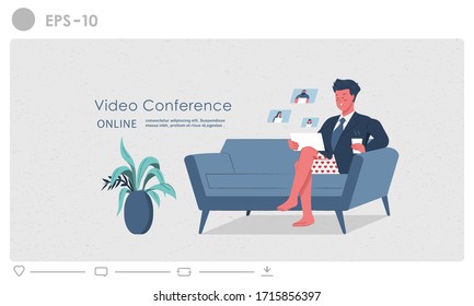 Creative work from home illustration. Video conference infographic online meeting concept to avoid spreading coronavirus. Social distancing effect of coronavirus epidemic to people and business.