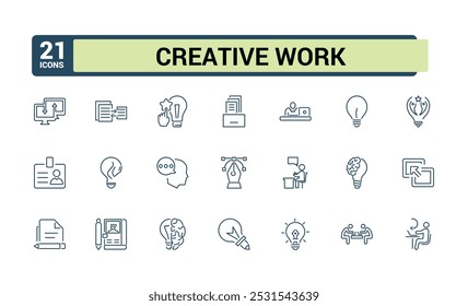 Creative and Creative work icon set. Solution, brainstorming, innovation, Lightbulb, brain, thinking and more. Editable stroke icons collection vector illustration.