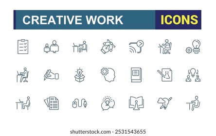 Creative and Creative work icon set. Solution, brainstorming, innovation, Lightbulb, brain, thinking and more. Editable stroke icons collection vector illustration.