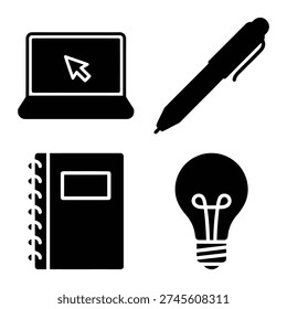 Creative work icons: laptop with cursor, pen, notebook, and lightbulb. Represents ideas, inspiration, writing, and digital design processes.