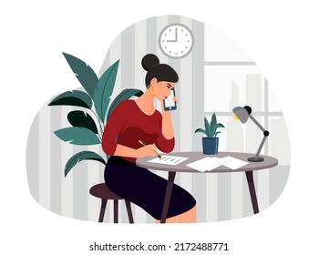 Creative work of a journalist or copywriter. Girl in office with phone and pen in hand writes on sheet. Correspondent thinking about creating news article for journal. Cartoon flat vector illustration