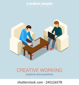 Creative work process anytime anywhere freelance flat 3d web isometric infographic concept vector. Two young men on chairs working on laptops. Modern office workplace concept.