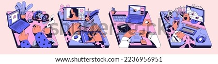 Creative work set. Artists at workplaces with laptops, computers, laptop PC on desk. Illustrators, photographers, designers hands drawing, editing at table. Isolated flat vector illustrations