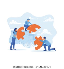 Equipo de trabajo creativo que conecta acertijos en oficinas modernas. Juntar el rompecabezas correctamente conduce al éxito. Concepto de creación de empleo. ilustración plana vectorial moderna de tendencia