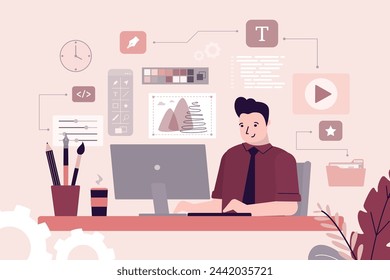 Creative work, young adult man working on idea behind his desk. Creative process, workflow, icons on background. Editor drawing digital graphic. Designer freelancer at work. flat vector illustration