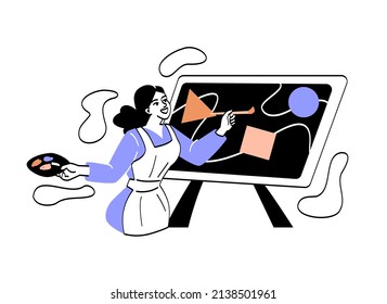 Creative worker abstract concept. Female artist stands in front of easel, holds palette of paints and draws abstract picture. Art studio employee. Cartoon flat vector illustration in doodle style