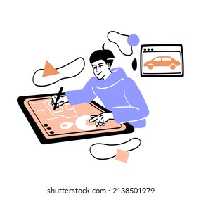 Creative worker abstract concept. Male motion designer draws on graphics tablet and animates car. Profession for creative people. Cartoon contemporary flat vector illustration in doodle style