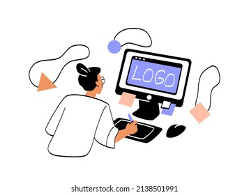 Creative worker abstract concept. Young female graphic designer works on computer and creates beautiful logo for company. Woman draws on tablet. Cartoon flat vector illustration in doodle style
