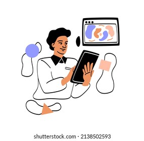 Creative worker concept. UI designer holds digital project in hands and creates abstract background for website or app. Man creates graphic product. Cartoon flat vector illustration in doodle style