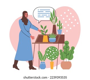 Concepto de trabajador creativo. Una joven florista o jardinero cultiva hermosas flores en macetas. El carácter se ocupa de las plantas interiores. Hobby o entretenimiento. Ilustración vectorial plana moderna de dibujos animados