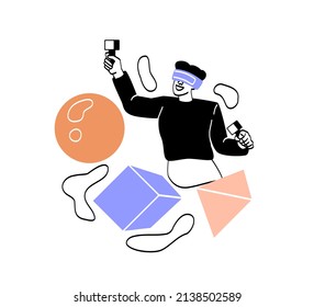 Creative Worker Concept. Young Male Game Designer Testing Virtual Reality Glasses And Equipment For Modern Computer Games. Digital Product Development. Cartoon Flat Vector Illustration In Doodle Style