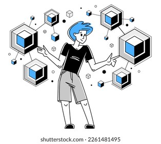 Creative worker doing some job and creating some system, inspired inventive designer or engineer composing abstract elements, vector outline illustration.