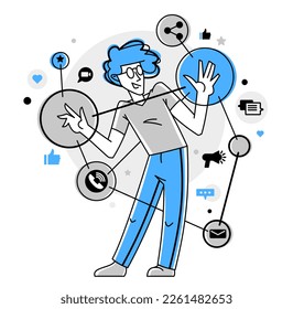 Creative worker doing some job and creating some system, inspired inventive designer or engineer composing abstract elements, vector outline illustration.