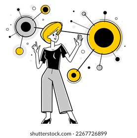 Creative worker doing some job and creating some system, inspired inventive designer or engineer composing abstract elements, vector outline illustration.