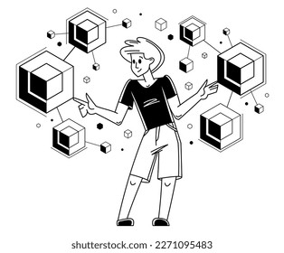 Creative worker doing some job and creating some system, inspired inventive designer or engineer composing abstract elements, vector outline illustration.