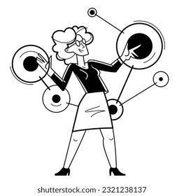 Creative worker doing some job and creating some system, inspired inventive designer or engineer composing abstract elements, vector outline illustration.