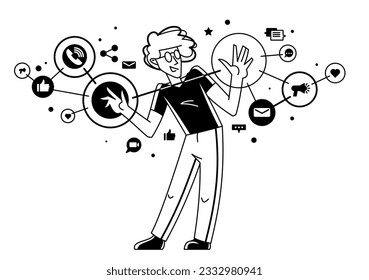 Creative worker doing some job and creating some system, inspired inventive designer or engineer composing abstract elements, vector outline illustration.