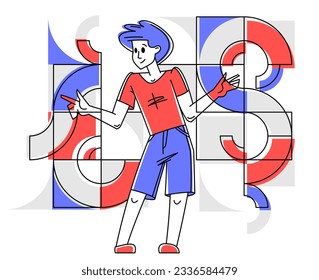 Creative worker doing some job and creating some system, inspired inventive designer or engineer composing abstract elements, vector outline illustration.