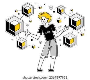 Creative worker doing some job and creating some system, inspired inventive designer or engineer composing abstract elements, vector outline illustration.