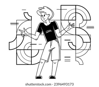 Creative worker doing some job and creating some system, inspired inventive designer or engineer composing abstract elements, vector outline illustration.