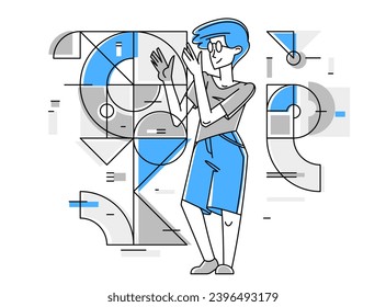 Creative worker doing some job and creating some system, inspired inventive designer or engineer composing abstract elements, vector outline illustration.