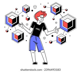 Creative worker doing some job and creating some system, inspired inventive designer or engineer composing abstract elements, vector outline illustration.