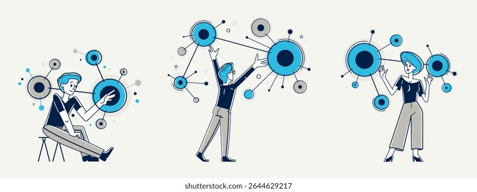 Creative worker doing some job and creating some system, inspired inventive designer or engineer composing abstract elements, vector outline illustration set.