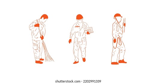 creative  worker illustration vector design template with line art and outline styles. set iconic workman illustration vector design. silhouette technician workers vector design illustration isolated