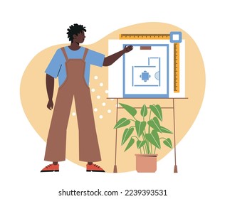 Creative worker. Male architect stands next to blackboard and presents new project for house or apartment. Ruler and board for blueprints and engineering sketches. Cartoon flat vector illustration