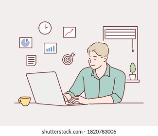 Creative worker using digital devices and programs in project. Hand drawn style vector design illustrations.