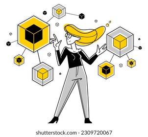 Creative worker woman doing some job and creating some system, inspired inventive designer or engineer composing abstract elements, vector outline illustration.