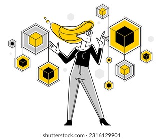 Creative worker woman doing some job and creating some system, inspired inventive designer or engineer composing abstract elements, vector outline illustration.