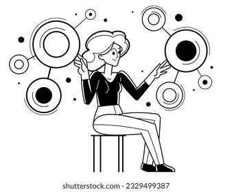 Creative worker woman doing some job and creating some system, inspired inventive designer or engineer composing abstract elements, vector outline illustration.