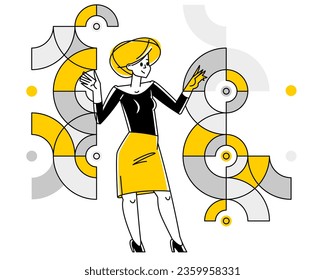 Creative worker woman doing some job and creating some system, inspired inventive designer or engineer composing abstract elements, vector outline illustration.