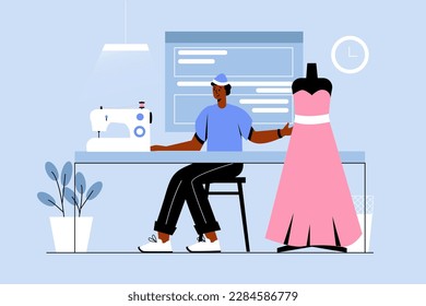 Creative workers blue concept with people scene in the flat cartoon style. Fashion designer is working on sketches for a new dress. Vector illustration.