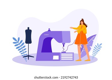 Creative workers concept with people scene in the flat cartoon design. Girl is engaged in sewing new creative clothes. Vector illustration.