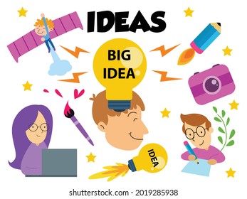Creative workers, content creator with big ideas hand drawn Doodle cartoon set of objects and symbols