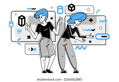 Creative workers doing some job and creating some system, inspired inventive designers or engineers composing abstract elements, vector outline illustration.