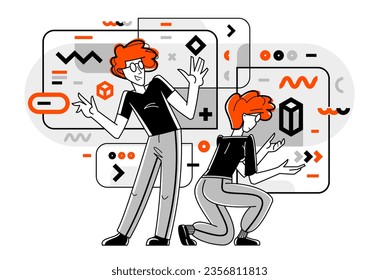 Creative workers doing some job and creating some system, inspired inventive designers or engineers composing abstract elements, vector outline illustration.