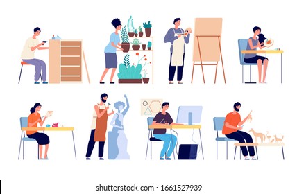 Creative workers. Handicraft people, handmade hobbies. Artist and designer, art embroidery and gardening. Persons with materials vector set