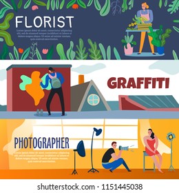 Creative workers horizontal banners set with florist street artist and photographer flat isolated vector illustration 