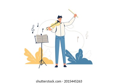 Creative workers web concept. Musician violinist performs on stage. Man plays violin, composes music, or works in orchestra, hobby minimal people scene. Vector illustration in flat design for website